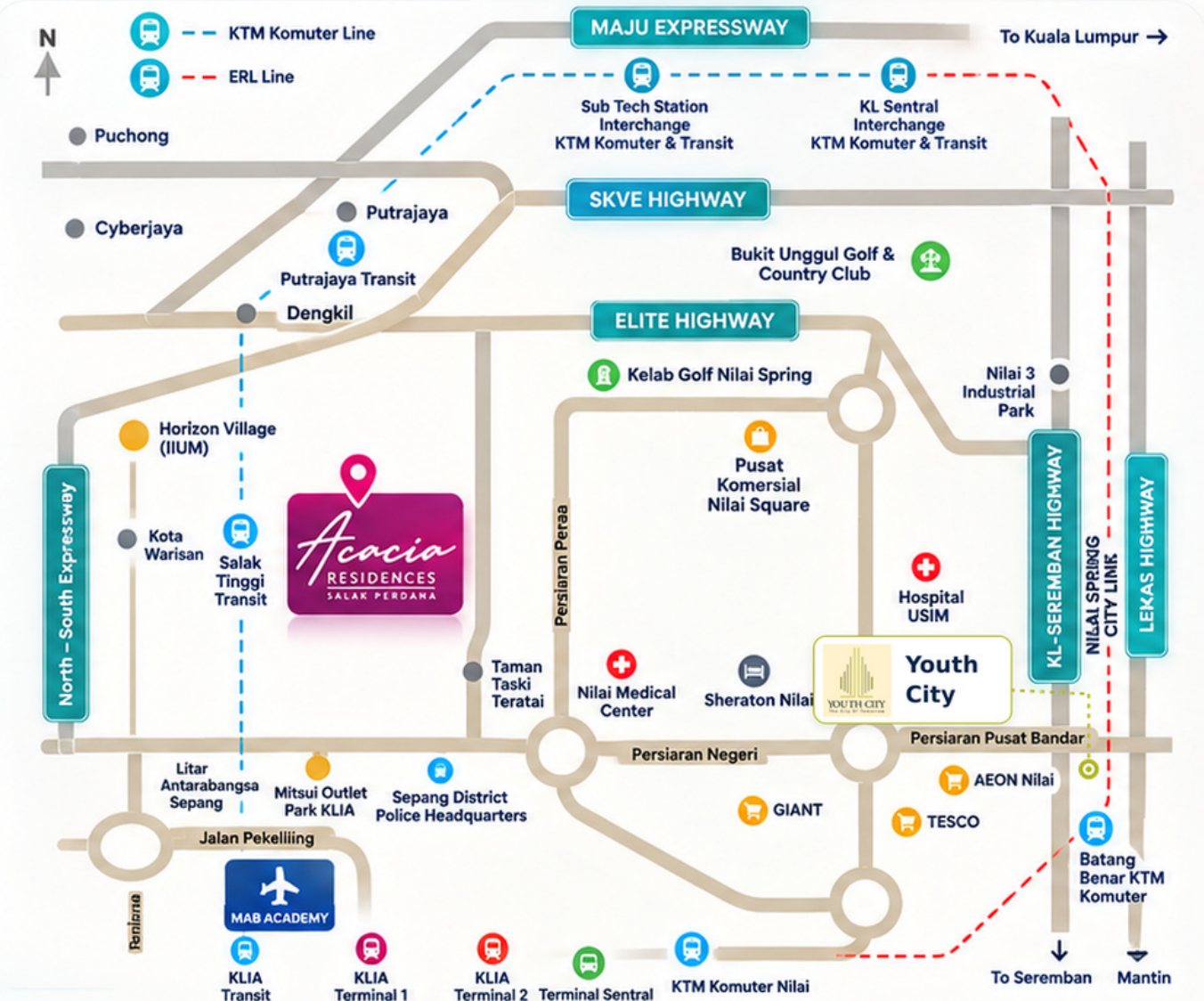 Map showing Acacia Residences in Salak Perdana and Youth City in Nilai relative to MAB Academy, KLIA and major highways