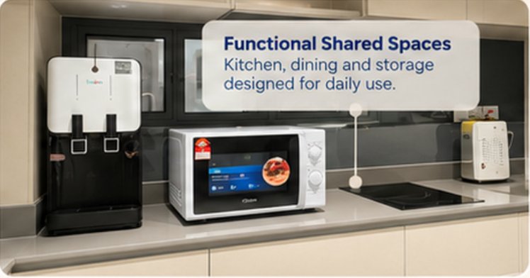 Shared kitchen with water dispenser and microwave